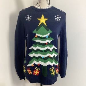 Christmas Sweater Women’s NavyBlue Christmas Tree PomPom Gifts Knit LS Sweater